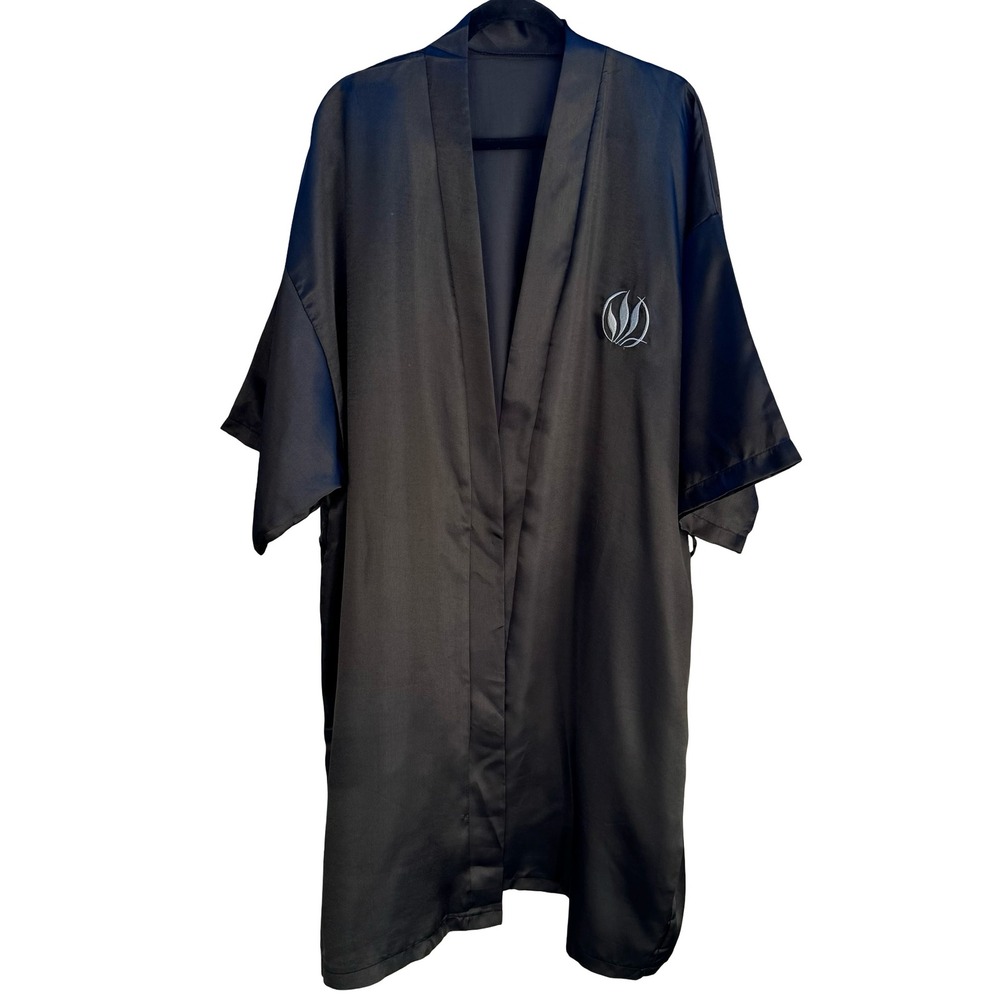 Vintage Gothic Black Satin Kimono Robe Embroidered Logo Open Front Loungewear OS